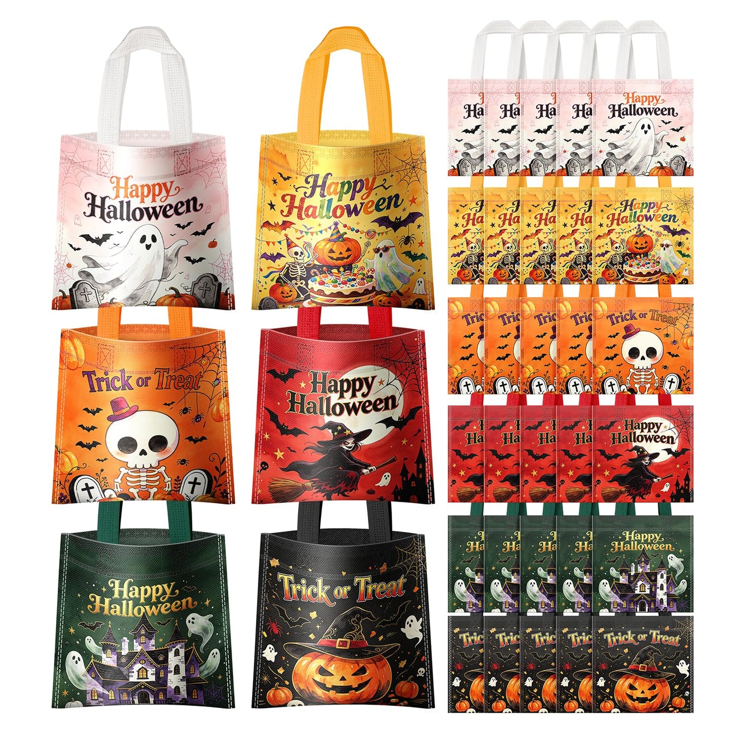 24Pcs Halloween Non-Woven Trick or Treat Candy Bags, Small 8.3×8.7 Inch Reusable Treat Gift Totes with Sturdy Handles, Cute Ghost Pumpkin Skeleton Witch Haunted House Prints for Kids Halloween Party Favor Supplies
