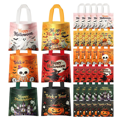 24Pcs Halloween Non-Woven Trick or Treat Candy Bags, Small 8.3×8.7 Inch Reusable Treat Gift Totes with Sturdy Handles, Cute Ghost Pumpkin Skeleton Witch Haunted House Prints for Kids Halloween Party Favor Supplies