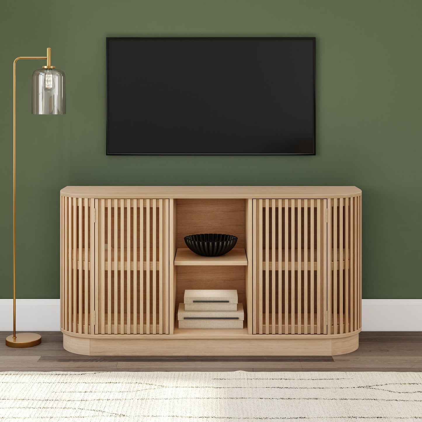Plank+Beam Contour Wood TV Stand, Two Door Solid Wood Entertainment Console with Storage, 59" L x 16" W x 30" H, Blonde