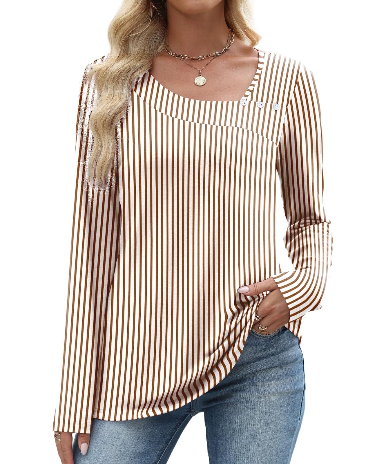 OFEEFAN Long Sleeve Shirts for Women Fall Clothes Asymmetric Square Neck Tunic Tops Decorative Buttons