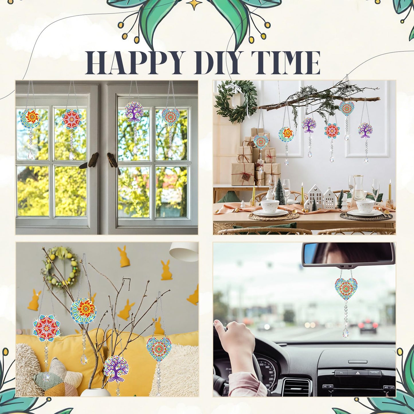 Seenelling 24 Pcs Diamond Painting Suncatcher Bulk Wind Chime Diamond Art Kits DIY Crafts with Crystal Pendant for Summer Spring Adult Window Garden Home Party Gift(Mandala)