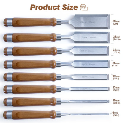 10 Pieces Wood Chisel Set, 1/4"~2" Woodworking Chisel Kit with Sharp CR-V 60 Steel Blades, Wooden Box, Honing Guide, Sharpening Stone for Carpenter Craftsman Woodworker