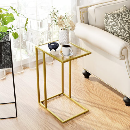 Adompacat C-Shaped End Table, Side Table for Couch,Sofa Snack Table with Tempered Glass & Metal Frame,Small TV Tray