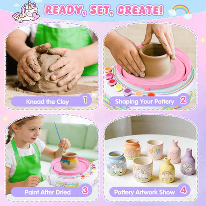 Pottery Wheel for Kids Complete DIY Pottery Painting Kit, Arts and Crafts for Kids Ages 8-12 with 3 Air-Dry Clay Packs and Tools, Unicorn Art Supplies Toys Birthday Gift for Boys Girls 6+ Years Old