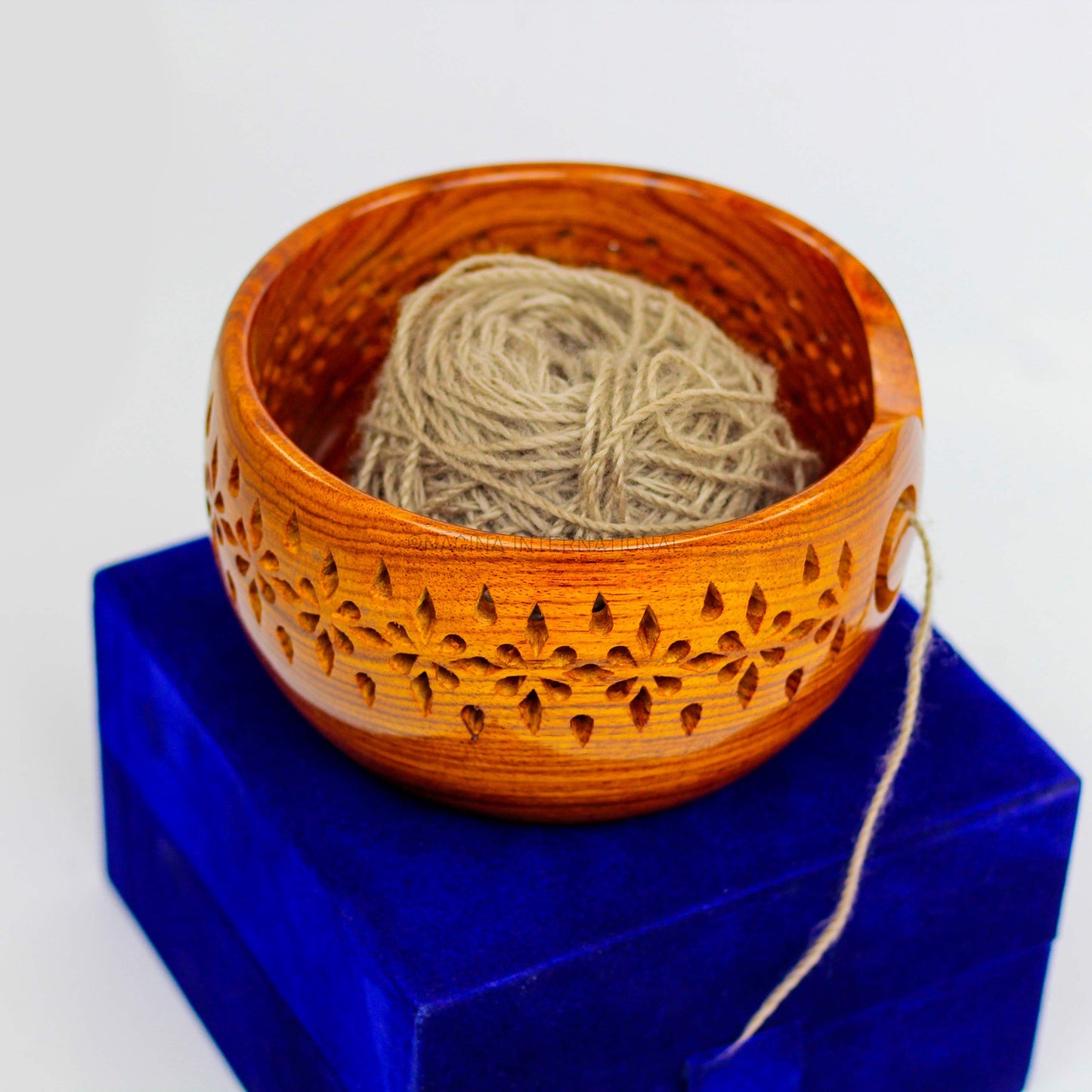 Nagina International Rosewood Crafted Wooden Yarn Storage Bowl With Carved Holes & Drills | Knitting Crochet Accessories (Medium)