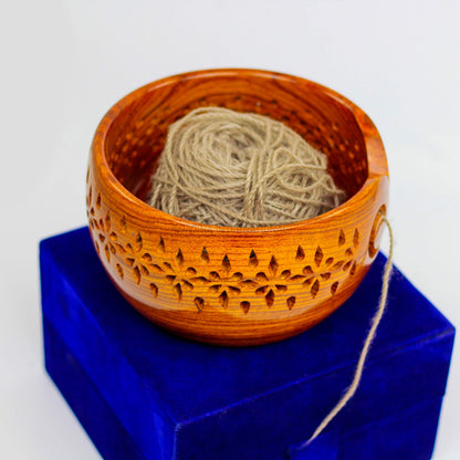 Nagina International Rosewood Crafted Wooden Yarn Storage Bowl With Carved Holes & Drills | Knitting Crochet Accessories (Medium)