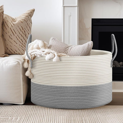 noonkty Blanket Basket Living Room - Toy Storage Basket, 21.7" X 21.7" X 13.8" XXL Cotton Rope Woven Laundry Baskets with Handles, Large Baskets for Storage Nursery Hamper