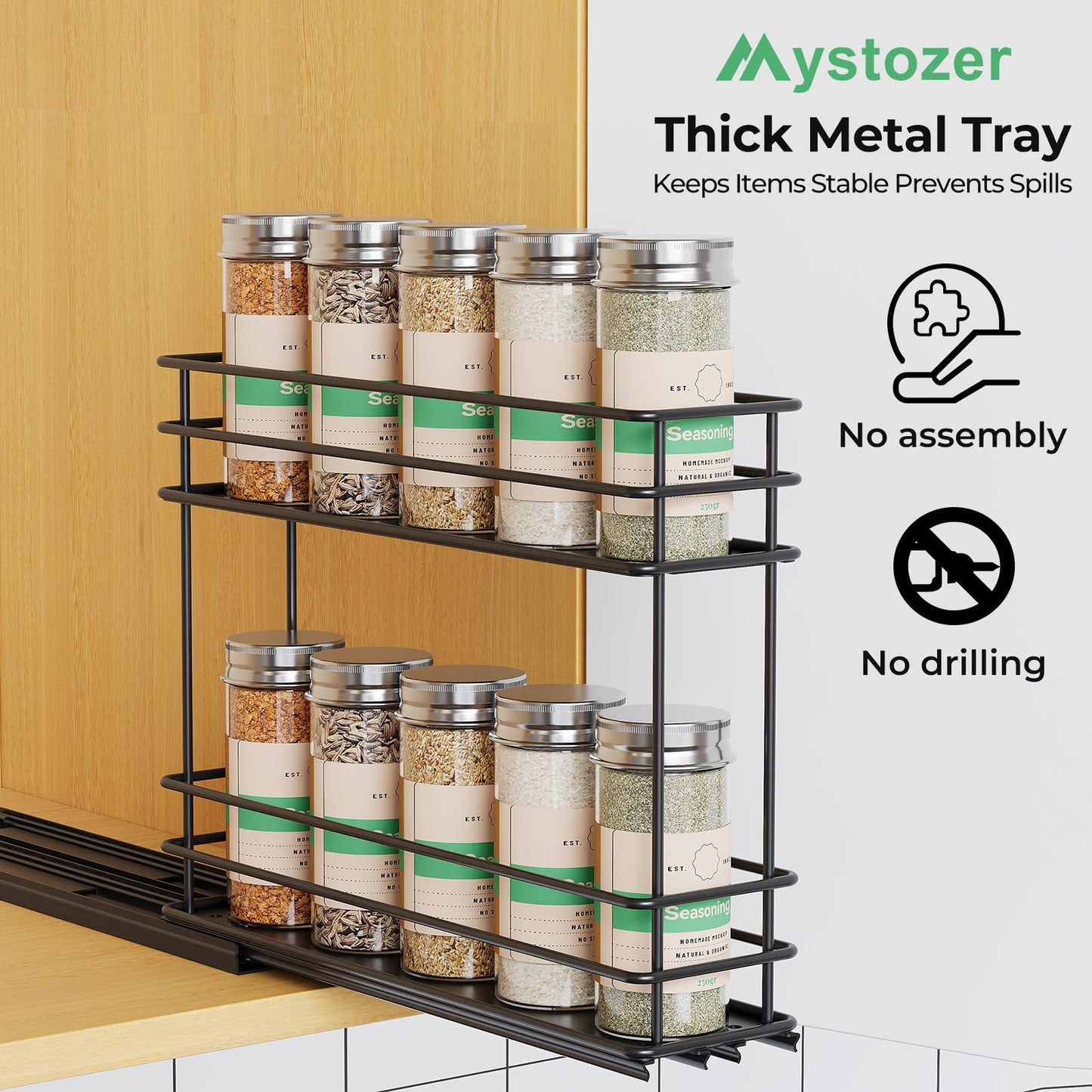 Pull Out Spice Rack Organizer for Cabinet, Slide Out Spice Racks, Easy to Install, 2.1''Wx10.35''Dx8.26''H, 3 Drawers 2 Tiers(Black)