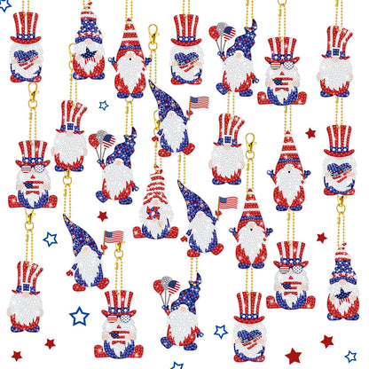 Outus 24 Pcs 4th of July Diamond Art Keychains Patriotic Diamond Keychains Memorial Day Gnome American Flag Double-Sided 5d DIY Art for Beginners Adults 250th Anniversary Independence Day Party Favors