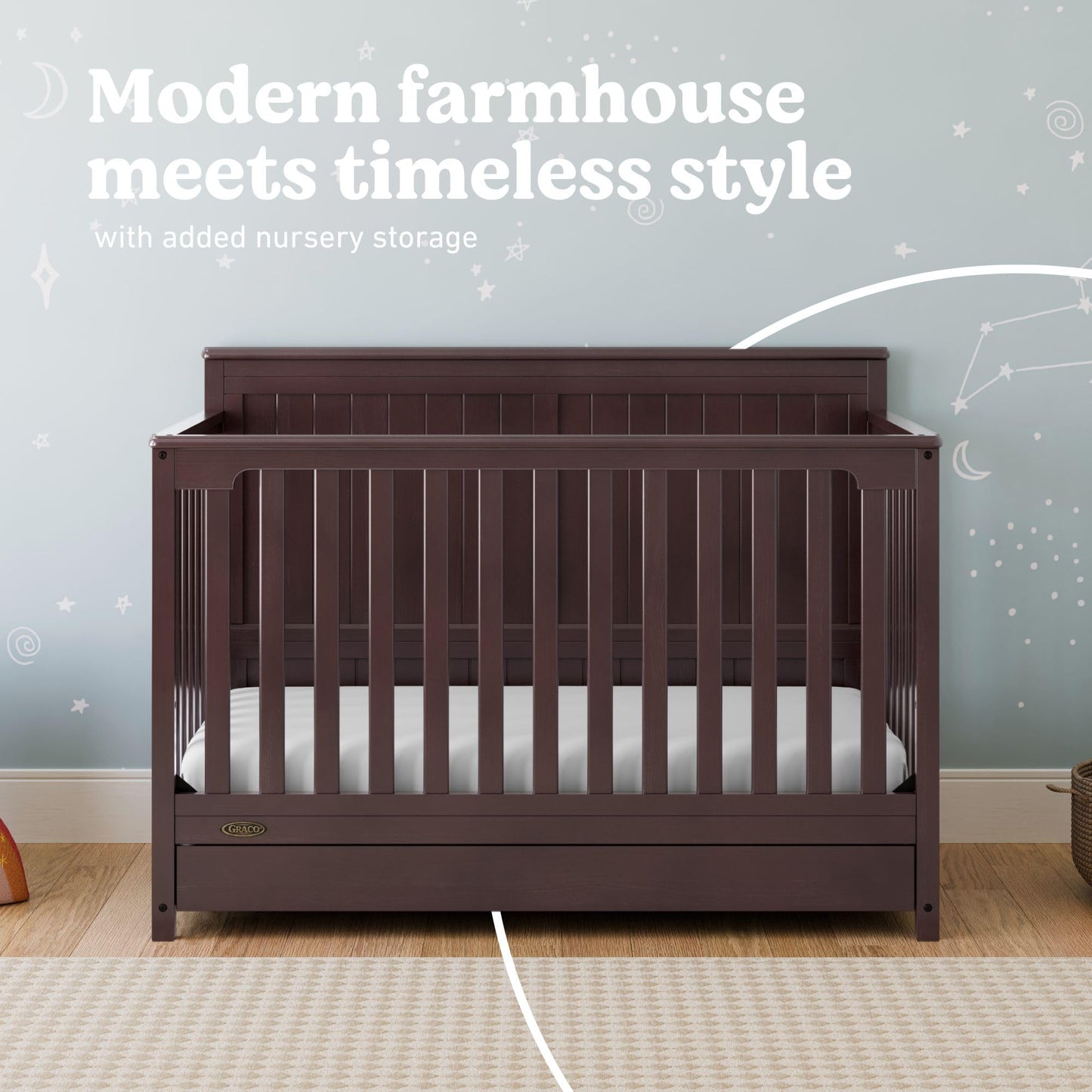 Graco Hadley 5-in-1 Convertible Crib with Drawer – GREENGUARD Gold Certified, Fits Standard Crib Mattress, Converts to Toddler Bed, Daybed and Full Bed, 4 Adjustable Mattress Heights (Espresso)