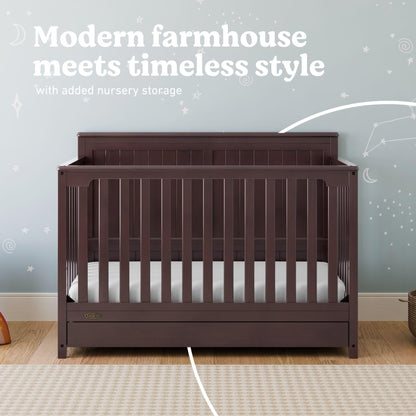 Graco Hadley 5-in-1 Convertible Crib with Drawer – GREENGUARD Gold Certified, Fits Standard Crib Mattress, Converts to Toddler Bed, Daybed and Full Bed, 4 Adjustable Mattress Heights (Espresso)