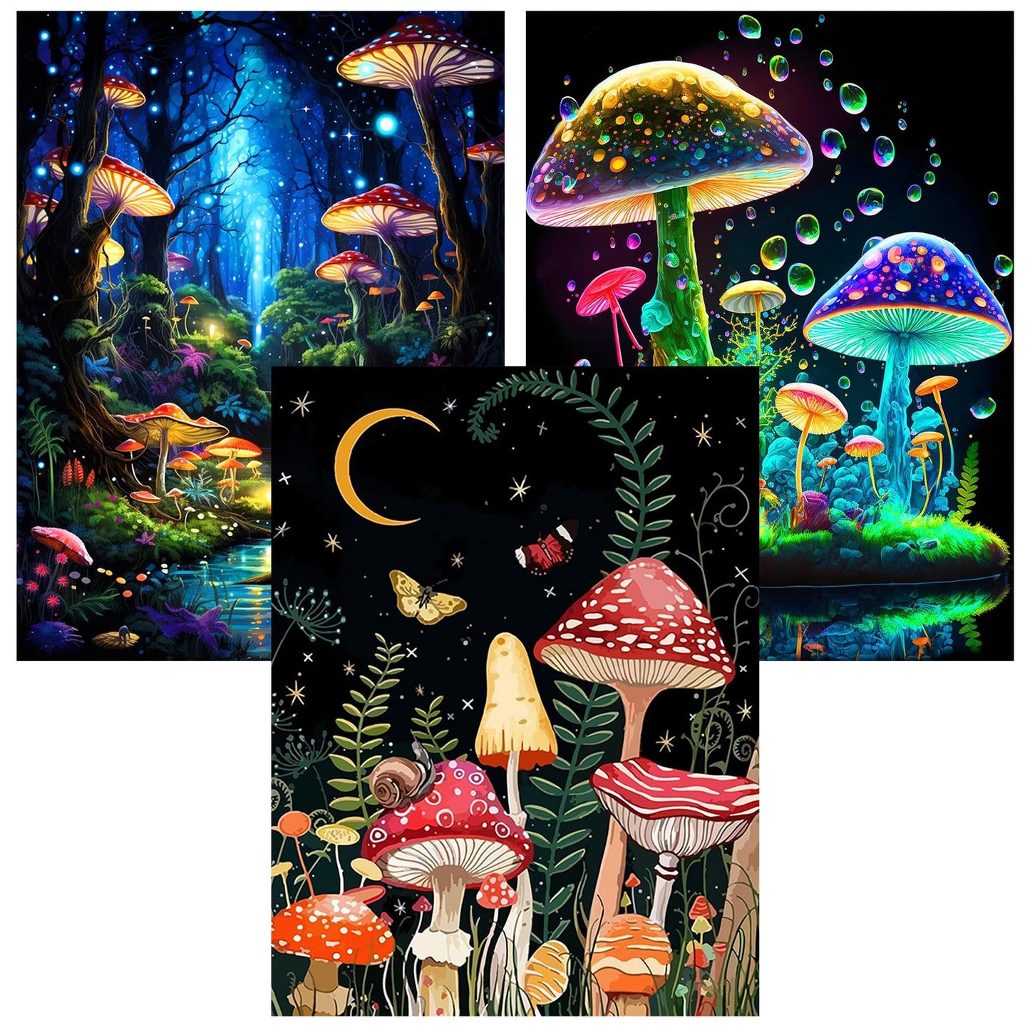 3 Pack Diamond Art Kits for Adults, Mushroom Diamond Painting Kits for Adults, 5D DIY Round Drill Gem Art Paint with Diamonds Dots Crafts Kits for Home Decor Gift 12x16inch