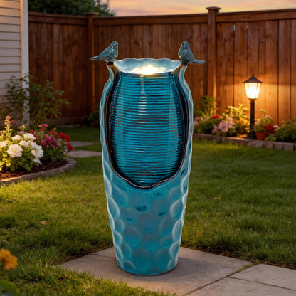 Autodaya 32.5" H Ceramic Jar Outdoor Fountain, Honeycomb Pot Water Feature with LED Lights, Soothing Trickling Waterfall for Garden, Patio, Yard, Balcony Oasis, KD Vivid Birds, Turquoise Glaze