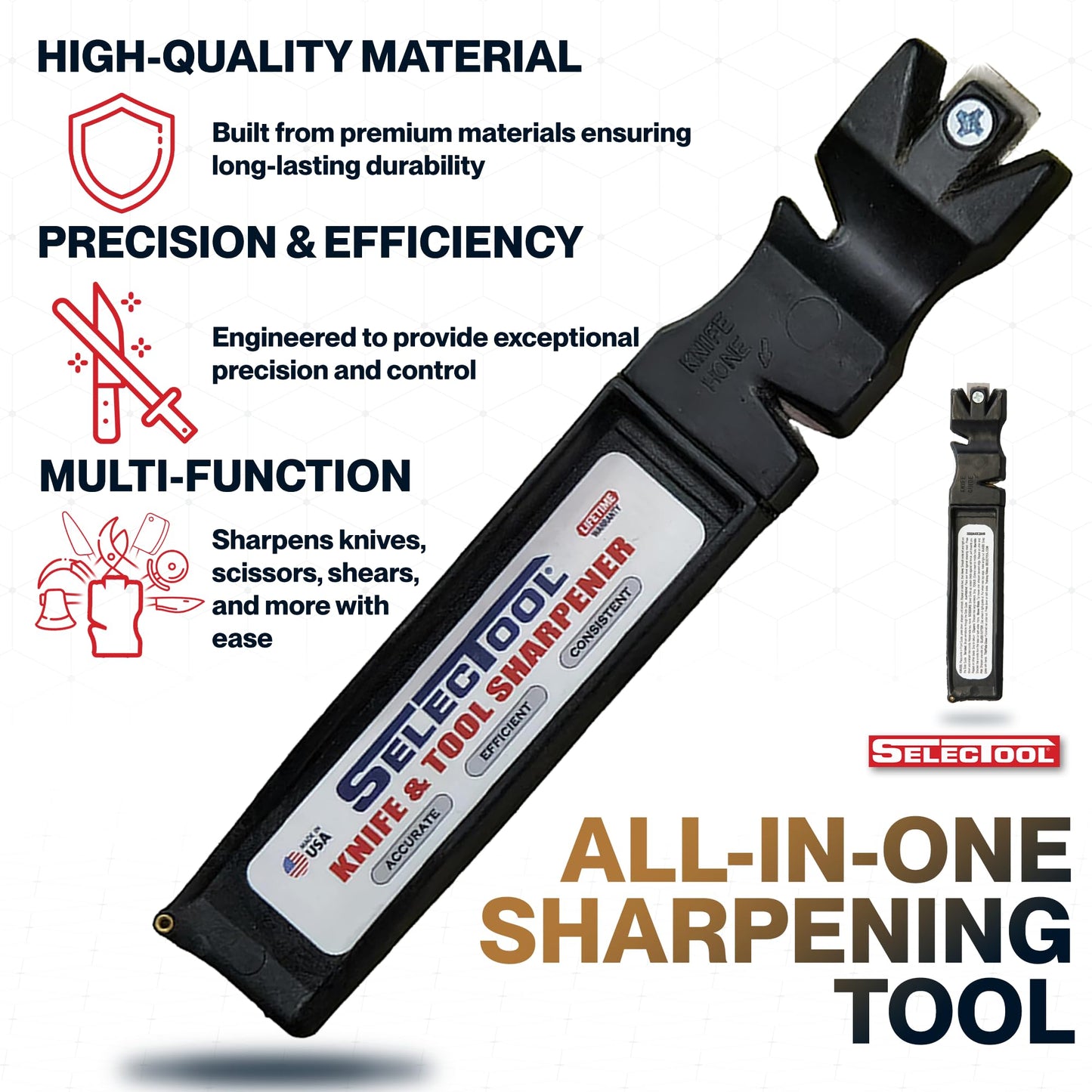 SELECTOOL Knife & Tool Sharpener, Father’s Day Gift for Dad, Manual Blade Sharpener for Kitchen Knives, Pocket Knives, Scissors, Axes & Outdoor Tools, Made in USA