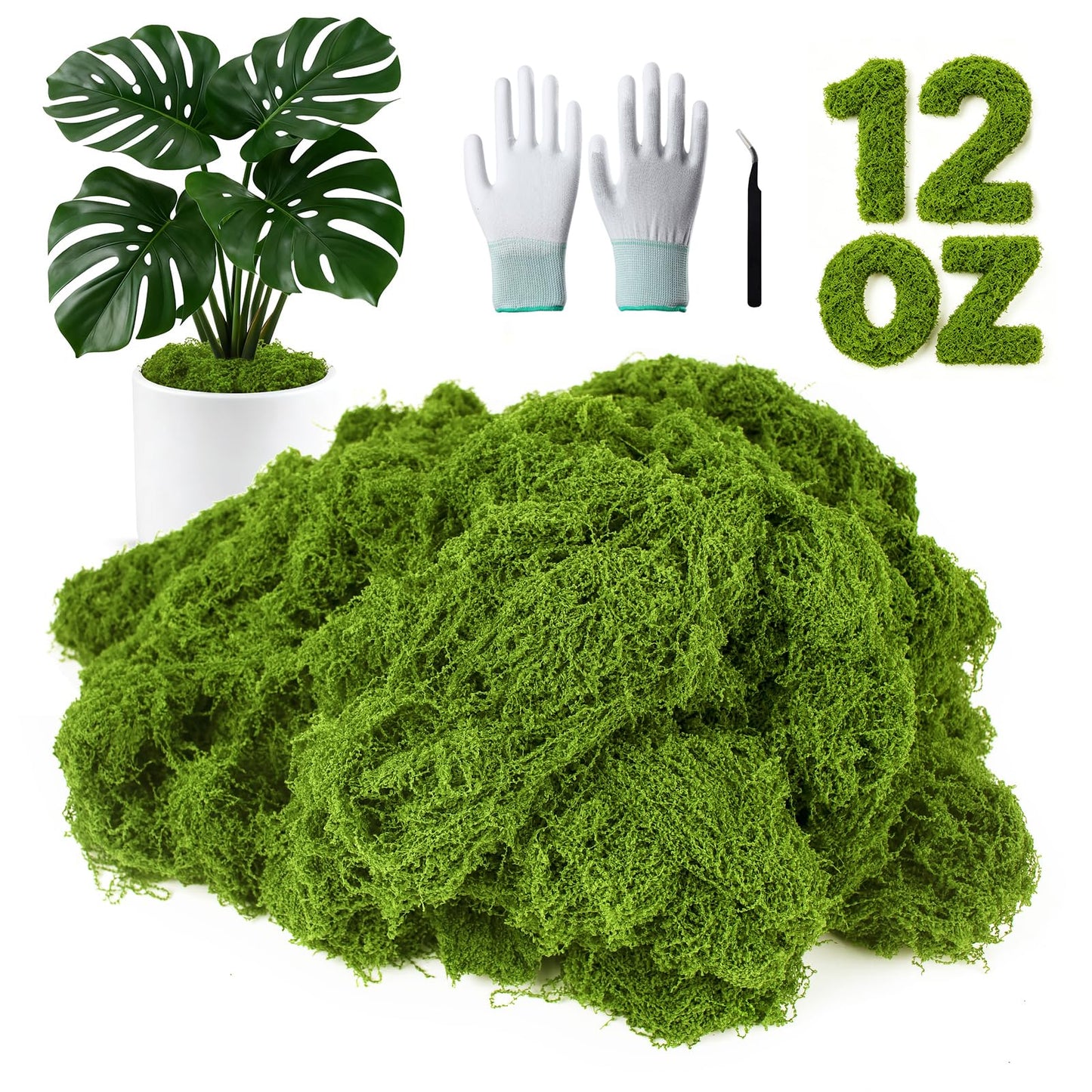 MGLIFEUL 12OZ Artificial Fake Moss for Crafts Plants Indoor with Non-Stick Gloves and Tweezers，Preserved Green Plant Faux Craft Moss Musgo for Fairy Garden Indoor Outdoor Home Decorating Model Making