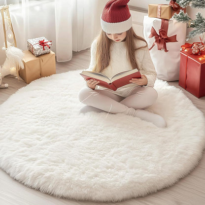 4Ft Xexsin Round Fluffy Rugs for Girls Bedroom, Cream White Shag Circle Kids Rug Non-Slip for Bedside Dorm Nursery