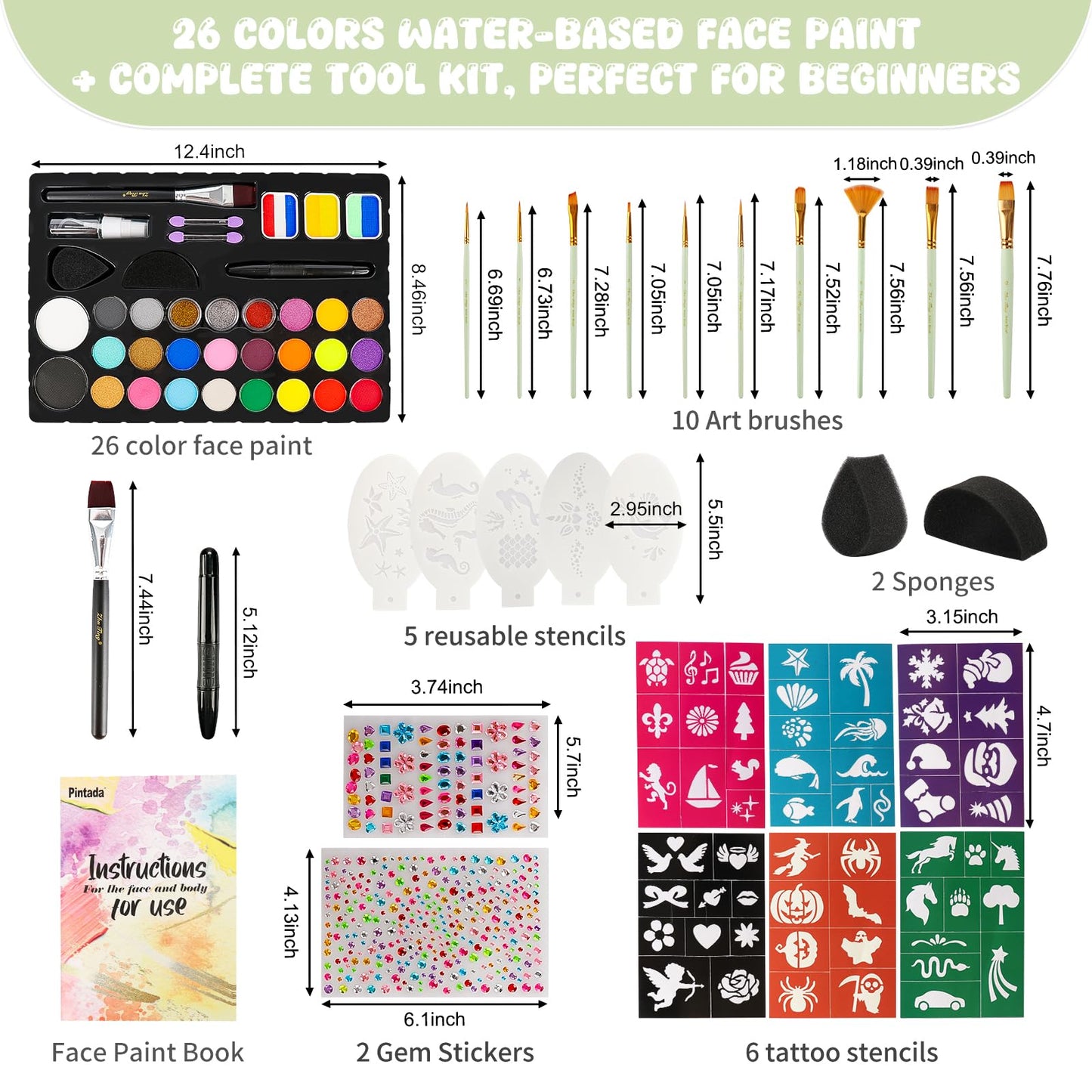Pintada 26 Color Face Painting Kit for Kids - Non-Toxic Water Activated Face Paint Palette with Brush, Stencils, Gems - For Halloween, Carnivals, Costume Parties, Body Art, Fairs & Creative Events.