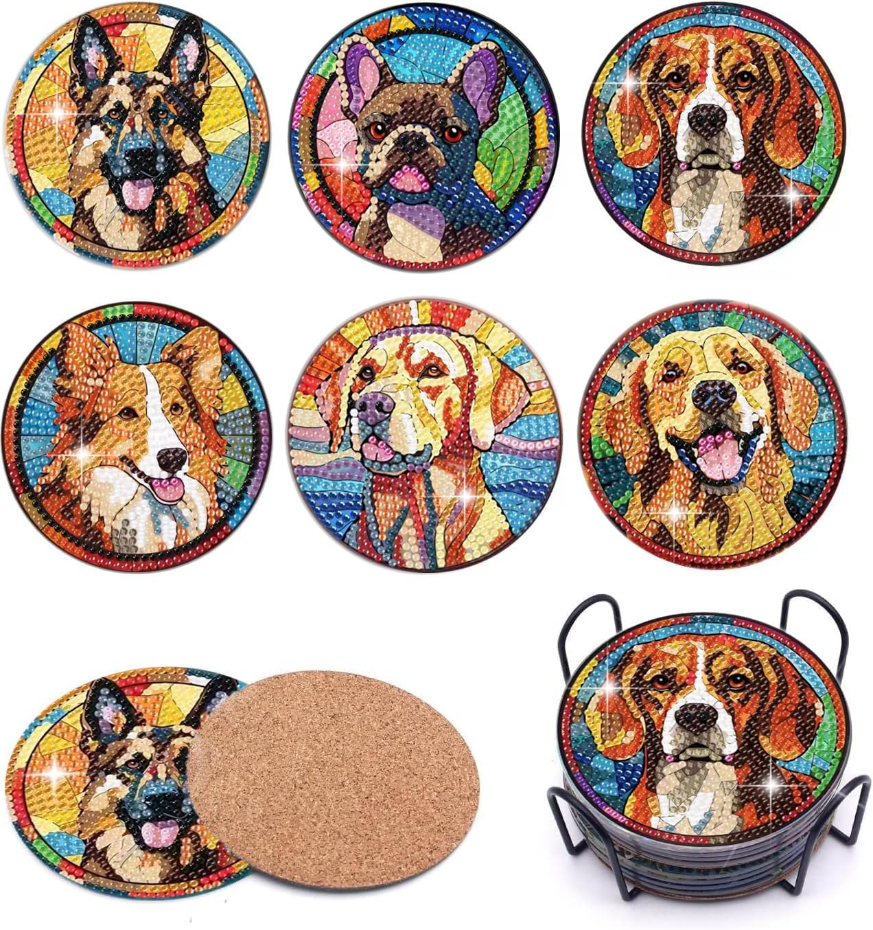 Puraikcmi 6pcs Dogs DIY Diamond Art Painting Kits Coasters with Holder, Diamond Coasters by Number Adults Crafts Full Drill Round Mosaic Stitch Art Craft Supplies