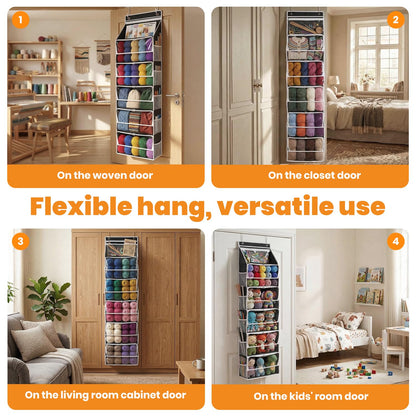 LASTORA Heavy-Duty Oxford Hanging Yarn Storage Organizer with 6 Tiers, Odorless Over the Door Yarn Holder for Crochet and Knitting Lovers, 5 Large Pockets + 1 Tool Section, Black