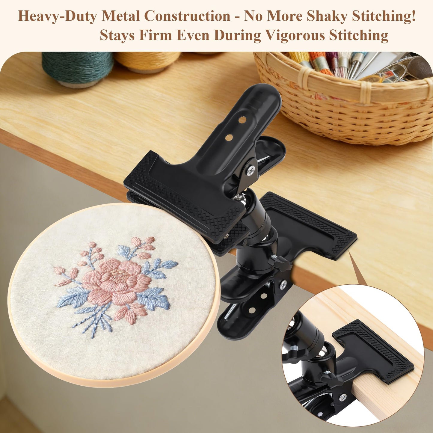 Coitak Portable Metal Embroidery Hoop Stand Holder with 3 Sizes Embroidery Hoop, Rotated Embroidery Stand Table Clip for Embroidery Needlework Hoops