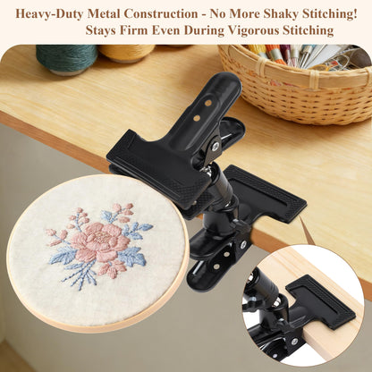 Coitak Portable Metal Embroidery Hoop Stand Holder with 3 Sizes Embroidery Hoop, Rotated Embroidery Stand Table Clip for Embroidery Needlework Hoops