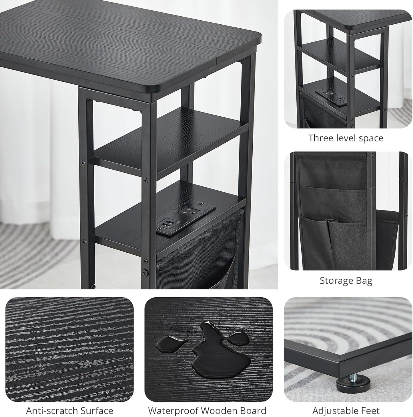 28"(H) 3-Tier C Shaped End Table with Charging Station, C Table with Storage Bag, Under Couch Table C-Shaped End Table