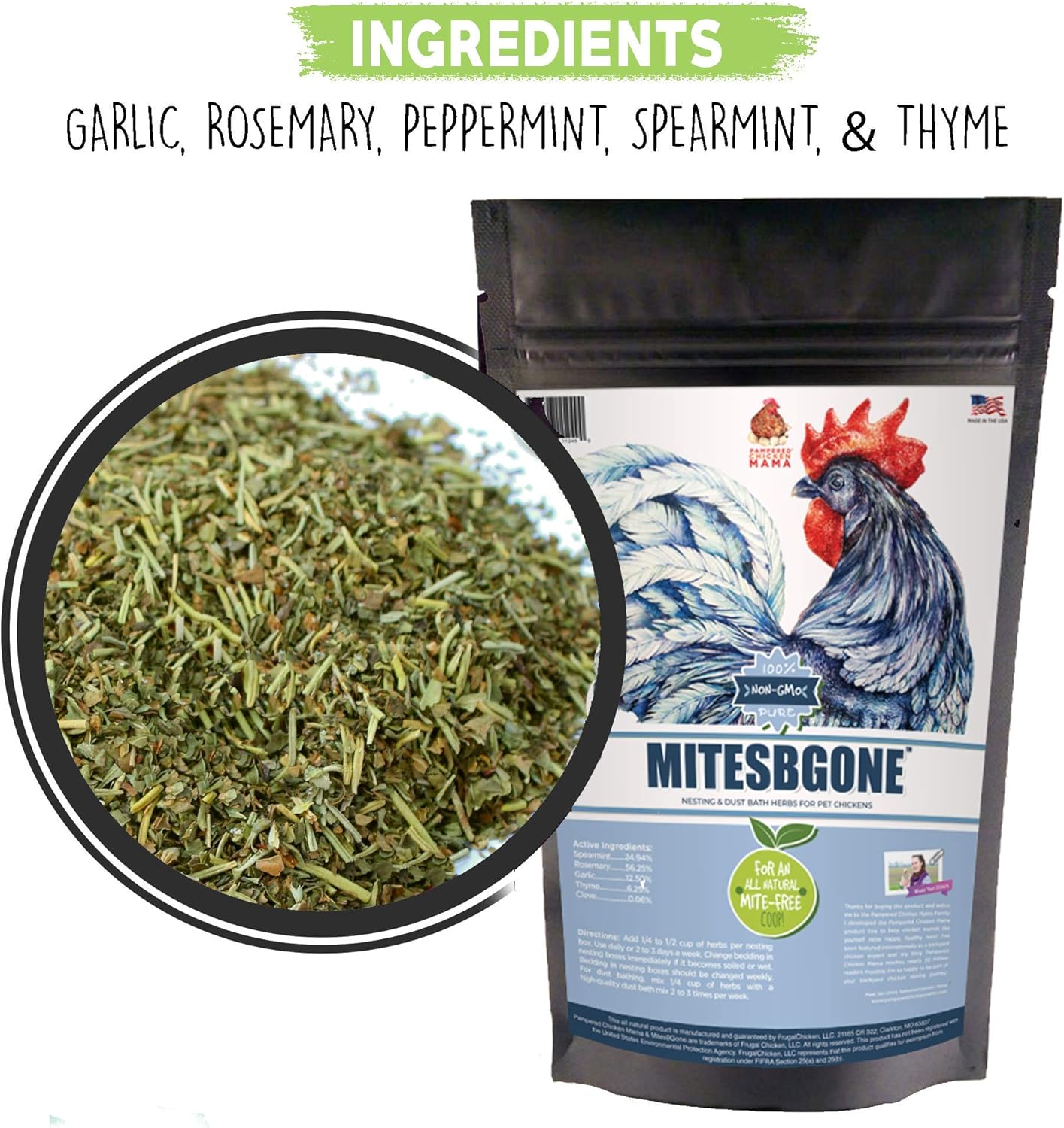 16 oz (1 lb) Pampered Chicken Mama Backyard Chicken Nesting Herbs - MitesBGone All-Natural Backyard Chicken Feed