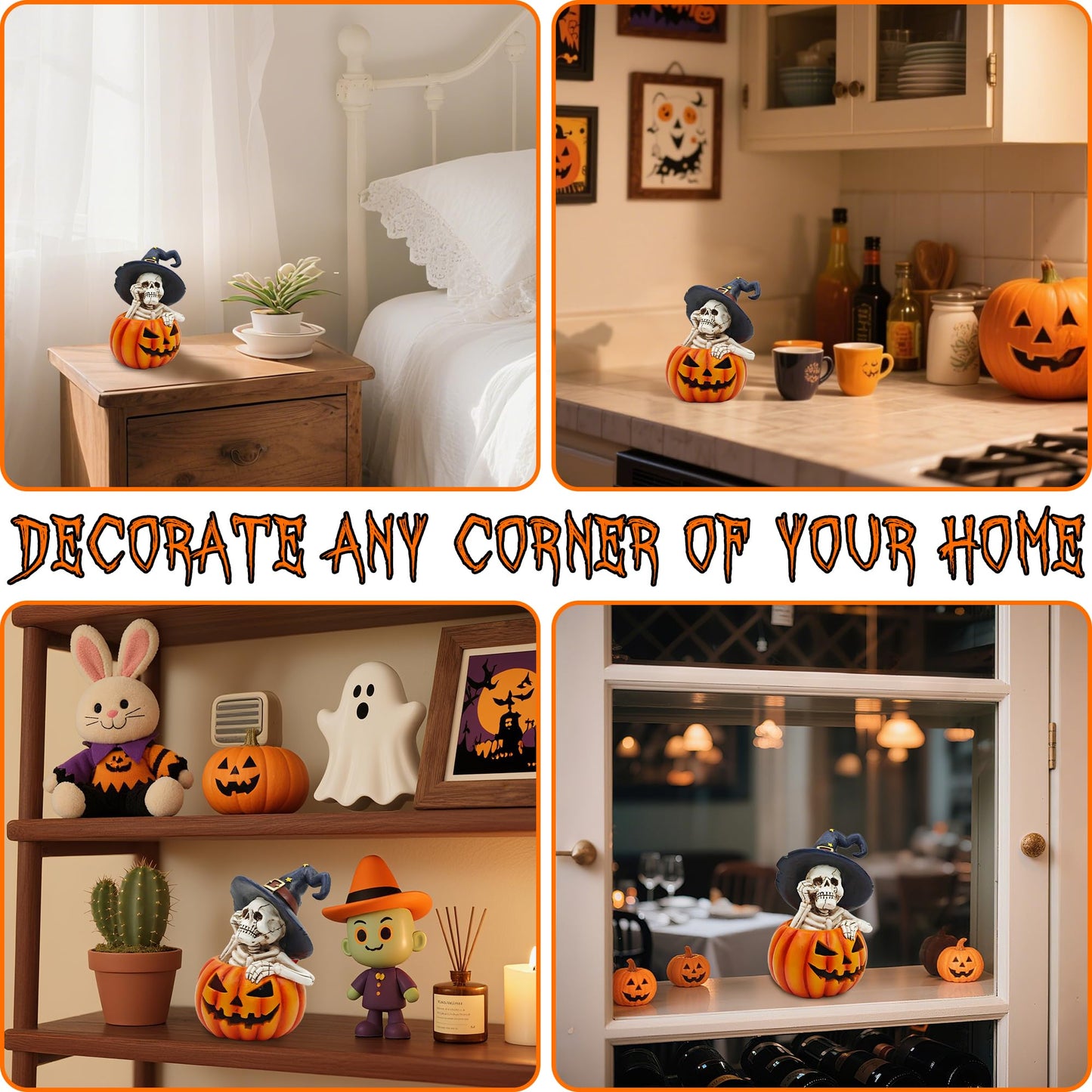 CFFOWNUG Skeleton Halloween Indoor Decoration: 6.1'' Witch Hat Skeleton Ornament with Solar Pumpkin for Home Fireplace Office Party Perfect Figurine Gift for Gothic Lovers