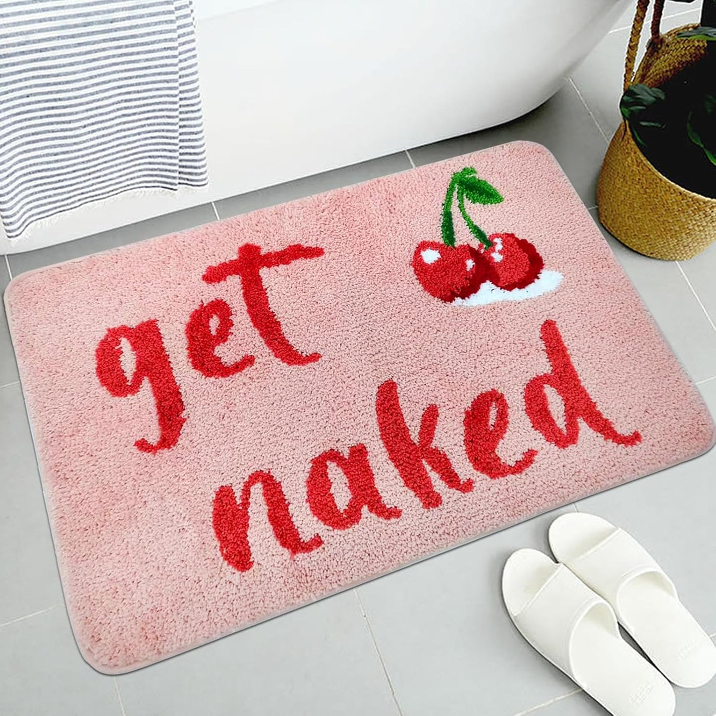Cherry Bath Mat for Bathroom - Get Naked Pink Bathtub Rug, 31"x20", Funny Cute Super Absorbent Decor