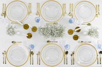PLASTICPRO 32 Piece Combo Plastic Dinner Plates Disposable Plastic Fancy Heavy Duty Party Dishes 7 inch and 10 inch, Clear and Gold Beaded