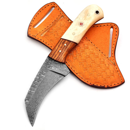 Trade Scorpio Handmade Damascus Lineman Hawkbill knife, Skinnning Knives, With Leather Sheath, Fixed Blade Knife, electrician knife with Bone Handle (Bone)