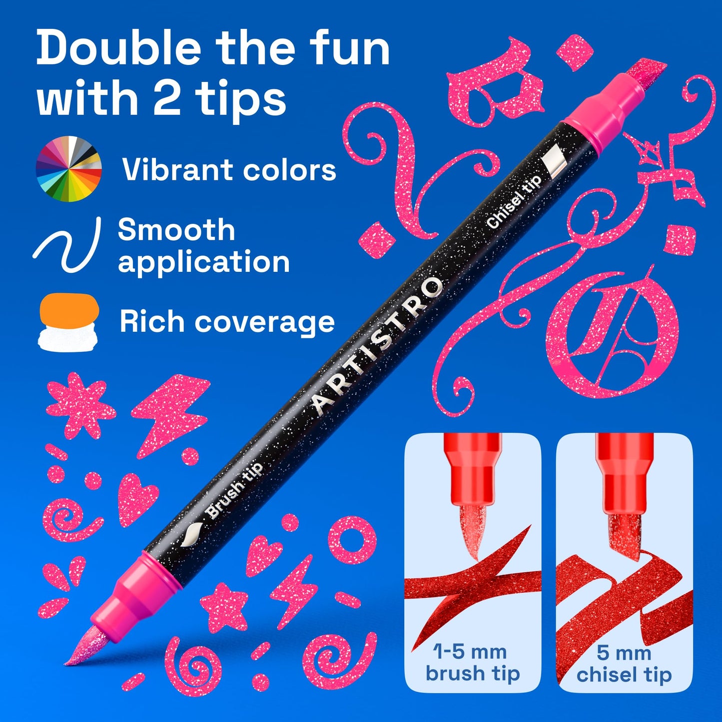 ARTISTRO 24 Sparkly Glitter Dual-Tip Paint Pens – Dazzling Markers with Acrylic Ink for Rock, Ceramic, Wood, Fabric, & More – Brush + Chisel Tips