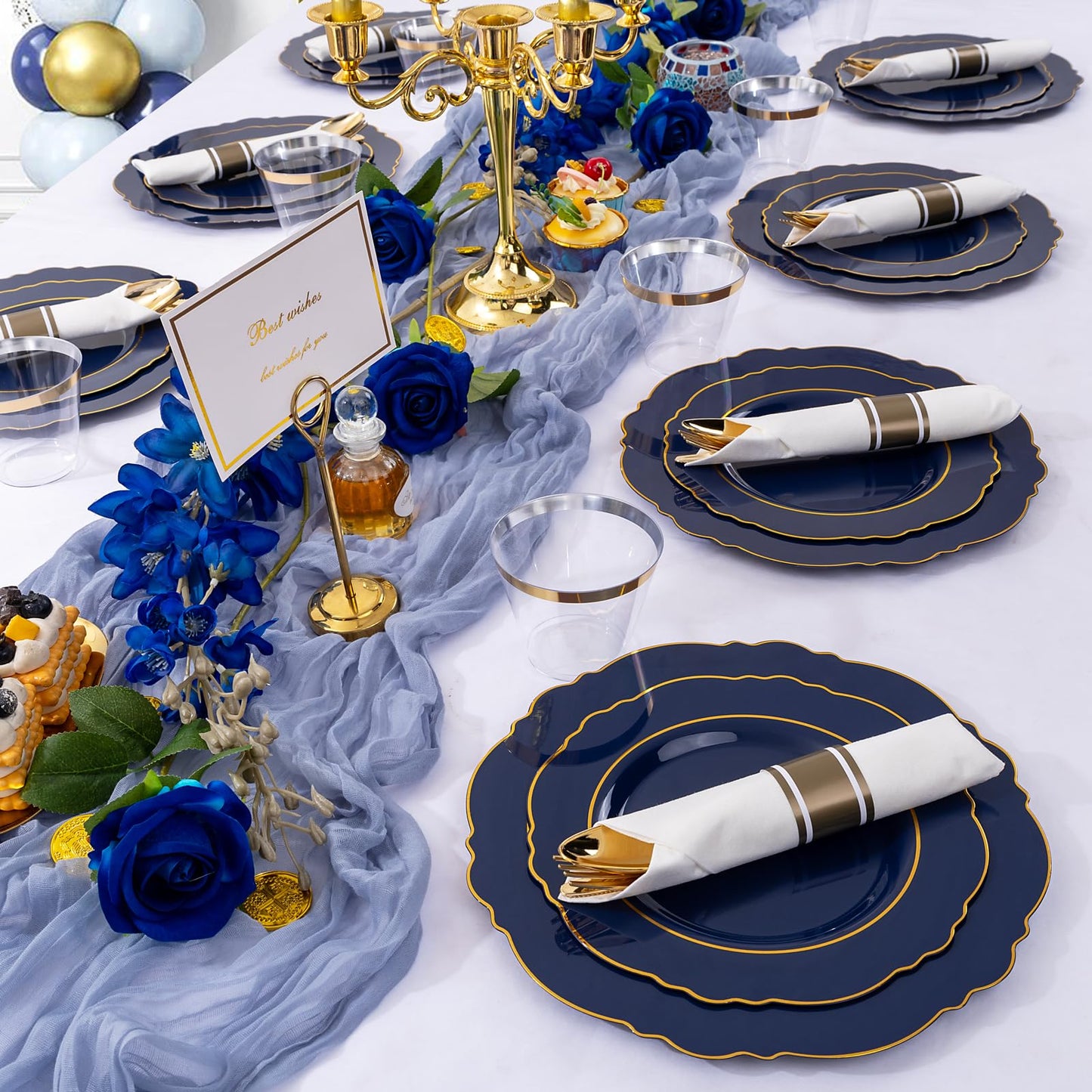 Liacere 350PCS Navy Blue Plastic Plates-Disposable Blue Gold Plates 50guest Plastic Dinnerware include 100Plates,50Pack Pre Rolled Napkins with Silverware 50Cups for Wedding＆Back to School&Labor Day