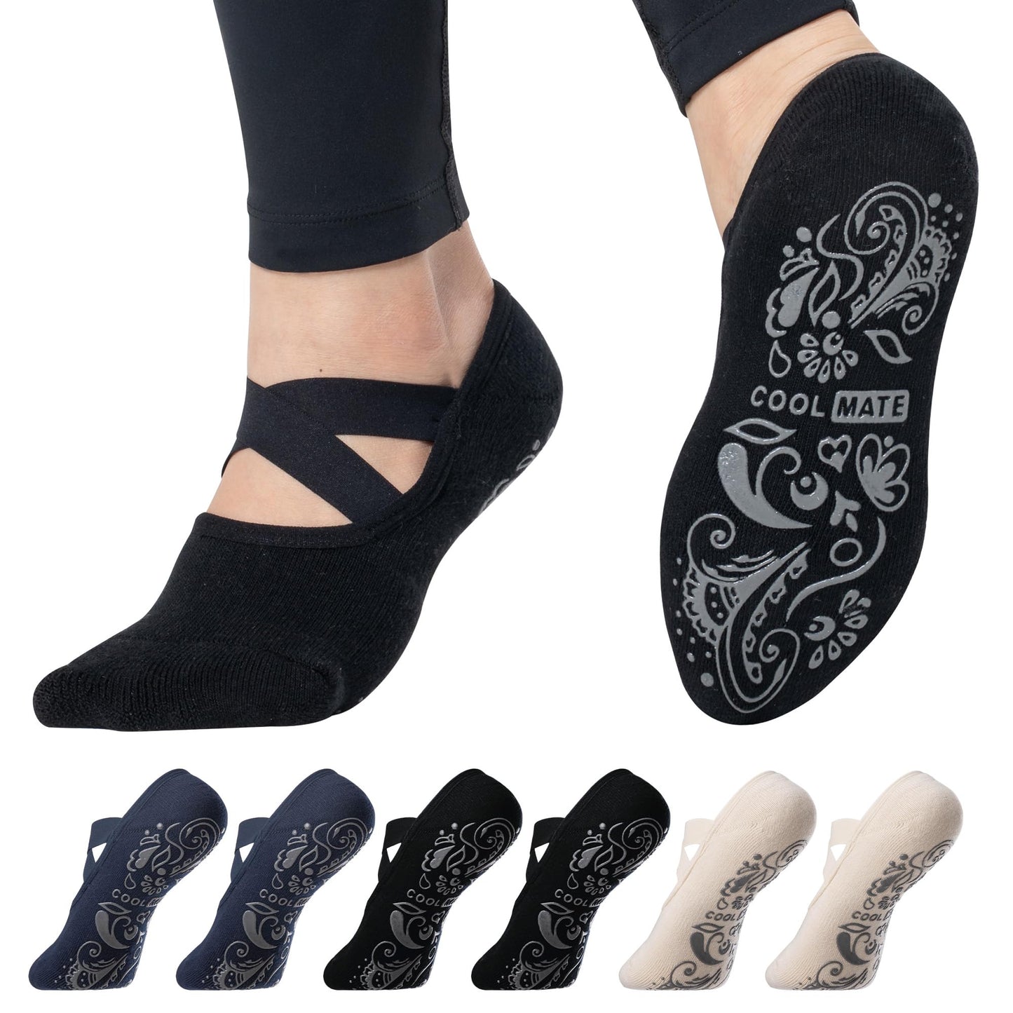 CoolMate Pilates Socks with Grips for Women, Yoga Socks, Crew Non Slip Women for Workout, Barre, Pilates Gifts (US, Numeric, 6, 10, Regular, Regular, 3 Pairs Barre Navy/Black/Beige)