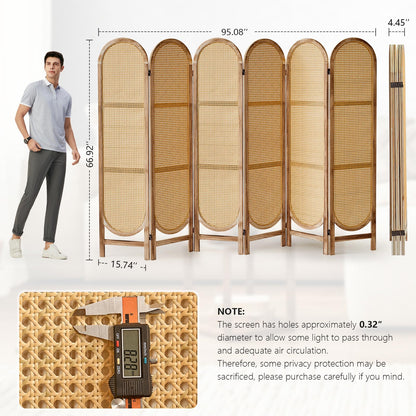 Asnefeli 6 Panels Room Divider, Foldable Wooden Room Divider, Individual Privacy Screen Made of Hand-Woven Rattan, Portable Wall Divider for Home Office Bedroom Bathroom Dressing Room (Natural)