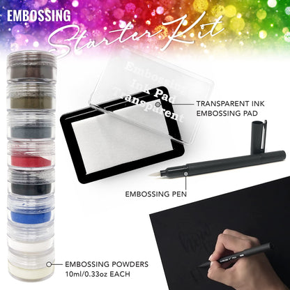 Embossing Kit with Heat Tool Bundle, Embossing Powders, Complete Embossing Starter Kit, Clear Embossing Pen, Embossing Ink Pad, 8X 10ml Embossing Powders for Crafts