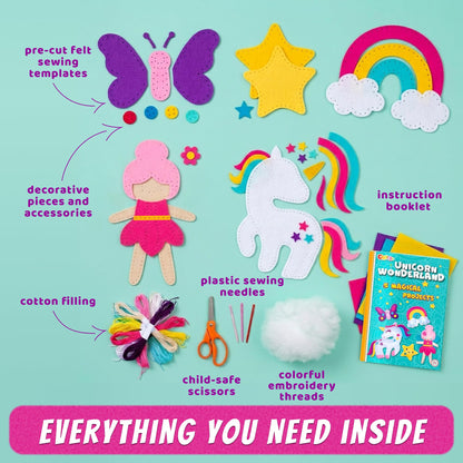 CRAFTSBEE Unicorn Sewing Kit for Kids Ages 7-12 — 5 Large Felt Stuffed Animals, 3 Skill Levels — Beginner Arts and Crafts, Birthday Gift for Girls