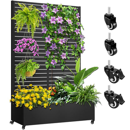 Meyoppm 72"x47"x16" Metal Planter Box with Trellis, Galvanized Steel Raised Garden Bed with Lockable Casters & Drainage Holes, Outdoor Large Planter Box for Climbing Plants, Vegetables & Flowers