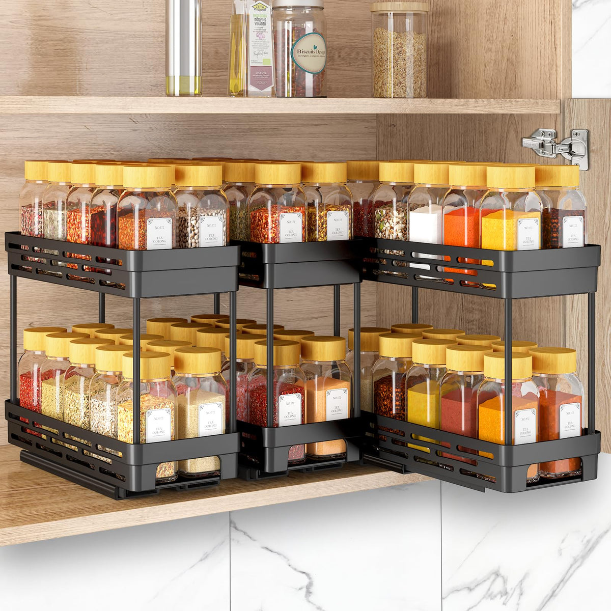 Pull Out Spice Rack Organizer for Cabinet, 3 Packs Slide Out Spice Racks Organizer, Spice Cabinet Organizers, Cabinet Size Need:12'' Highx11'' Deepx5'' Wide,Each Tier Hold 10 Spice Jar - 2 Tier, Black