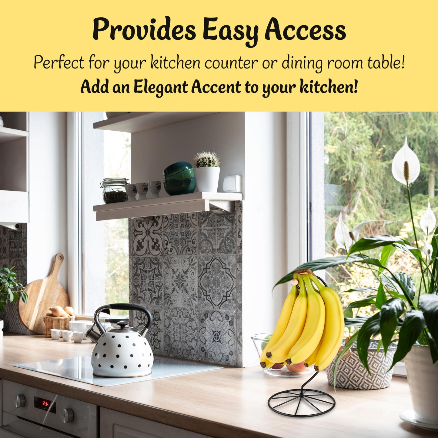Homeries Banana Holder Modern Rack Hanger Tree Stand Hook for Kitchen Countertop. Satin Nickel Banana Holder Keeper Stand (Matt Black)