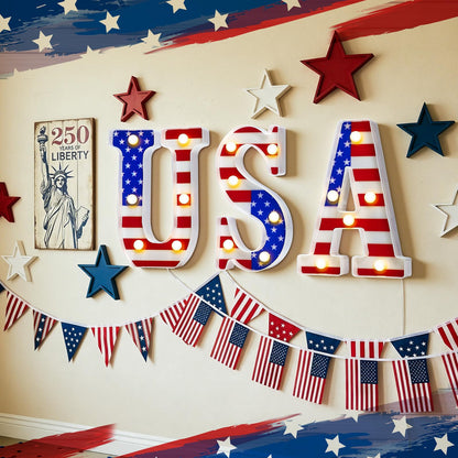 InnovaTools 3 Pcs Light Up Letters, 4th of July Patriotic USA LED Marquee Letter Lights, American Flag Red White Blue Decor for 250th Anniversary Independence Day Table Centerpiece Home Decorations