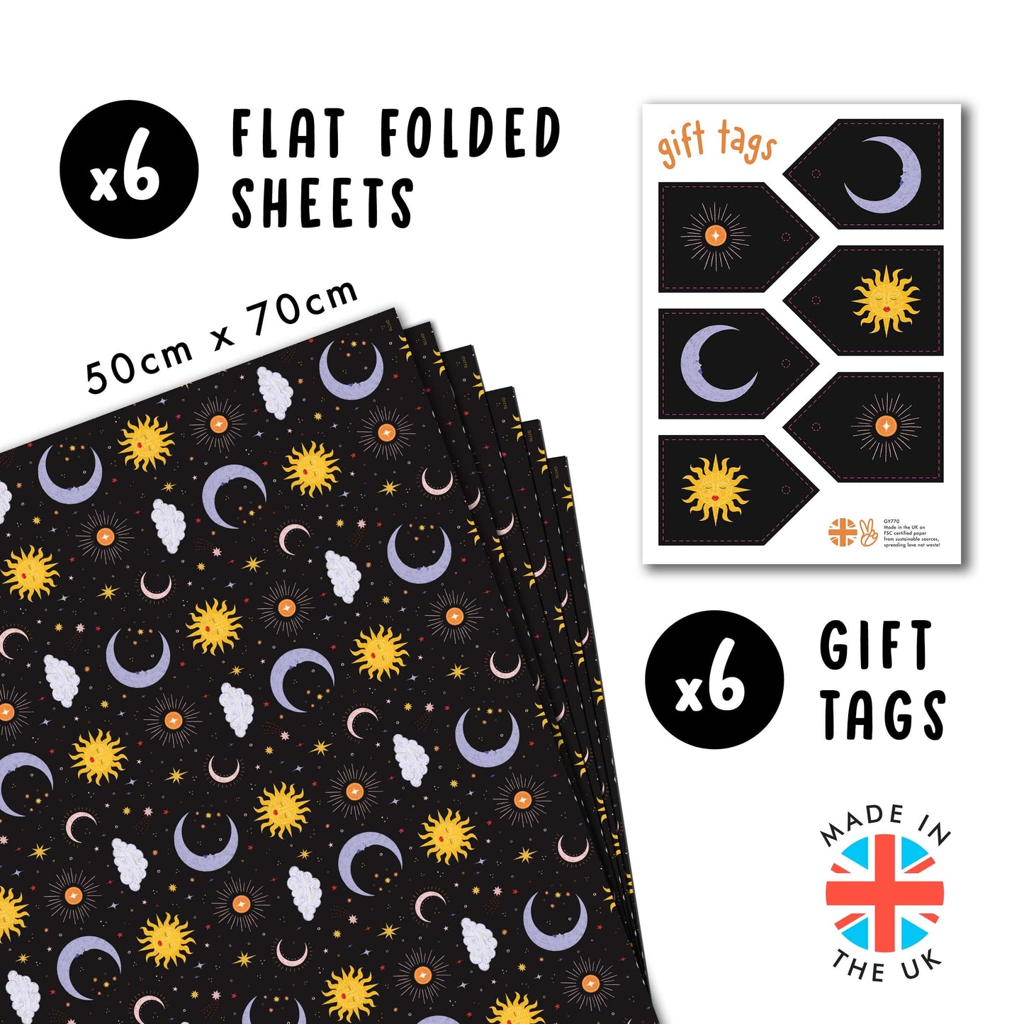 CENTRAL 23 Black Celestial Gift Wrap - 6 Sheets With Moons, Suns & Stars Galaxy - Birthday Wrapping Paper For Teens, Adults & Astrology Lovers - Christmas Holidays, Halloween - Recyclable