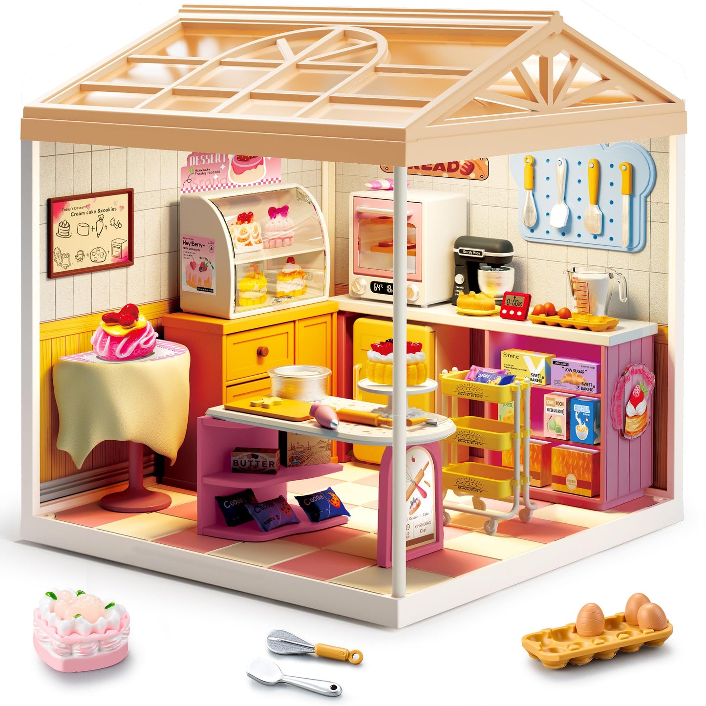 Tkmango Bakery Shop DIY Miniature House Kit with Roof & LED Light, Stackable & Connectable Dollhouse Kit with Dustproof Door, Creative DIY Crafts Building Toy Gift for Adults Teens