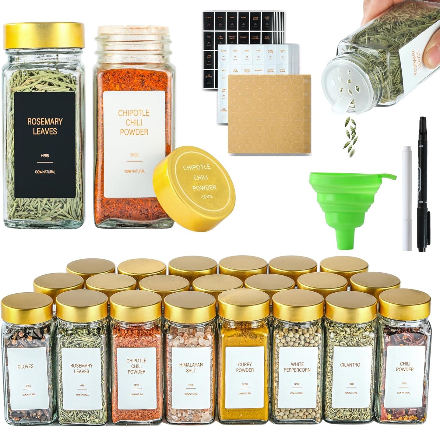 TESUNMU Label4oz CabinetDrawerRack(24) Gold Spice Jars with Seasoning Containers, Glass Spice Bottles with Shaker