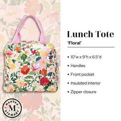 Martha Stewart Insulated Lunch Box for Women, Spacious Lunch Tote, 11" x 6.5" x 13.5", Comfortable Carrying Straps & Storage Pocket, Deep Ultramarine Stripe