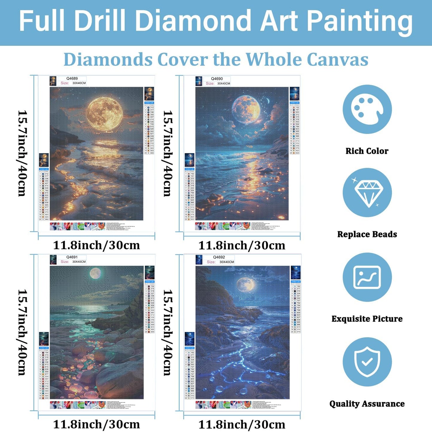 DOTSOPS Diamond Painting Kits Art Adults Painting Kit Crafts DIY 5D Diamond Art Packs Kits Full for Adults Beginner Home Wall Decoration Gift 11.8x15.7 Inches (4 Pack Moon Lake)