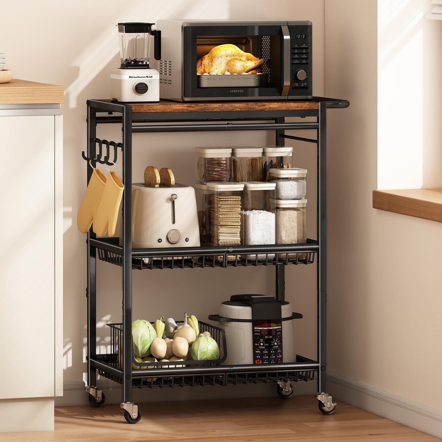 Microwave Kitchen Cart with Push Handle, 3 Tier Rolling Cart with 2 Lockable Wheels, Vintage Kitchen Storage Cart with 210Lbs Capacity for Kitchen Island, Restaurant, Coffee Bar, Living Room, Office