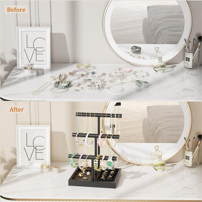 SZQINJI Bracelet Holder Display Organizer Stand, Necklace Holder Jewelry Holder Stand, Solid Wood Base with 3 Tier Metal T-bar for Bracelet Necklace Scrunchie Wristband Bangle Watch Ring, Black