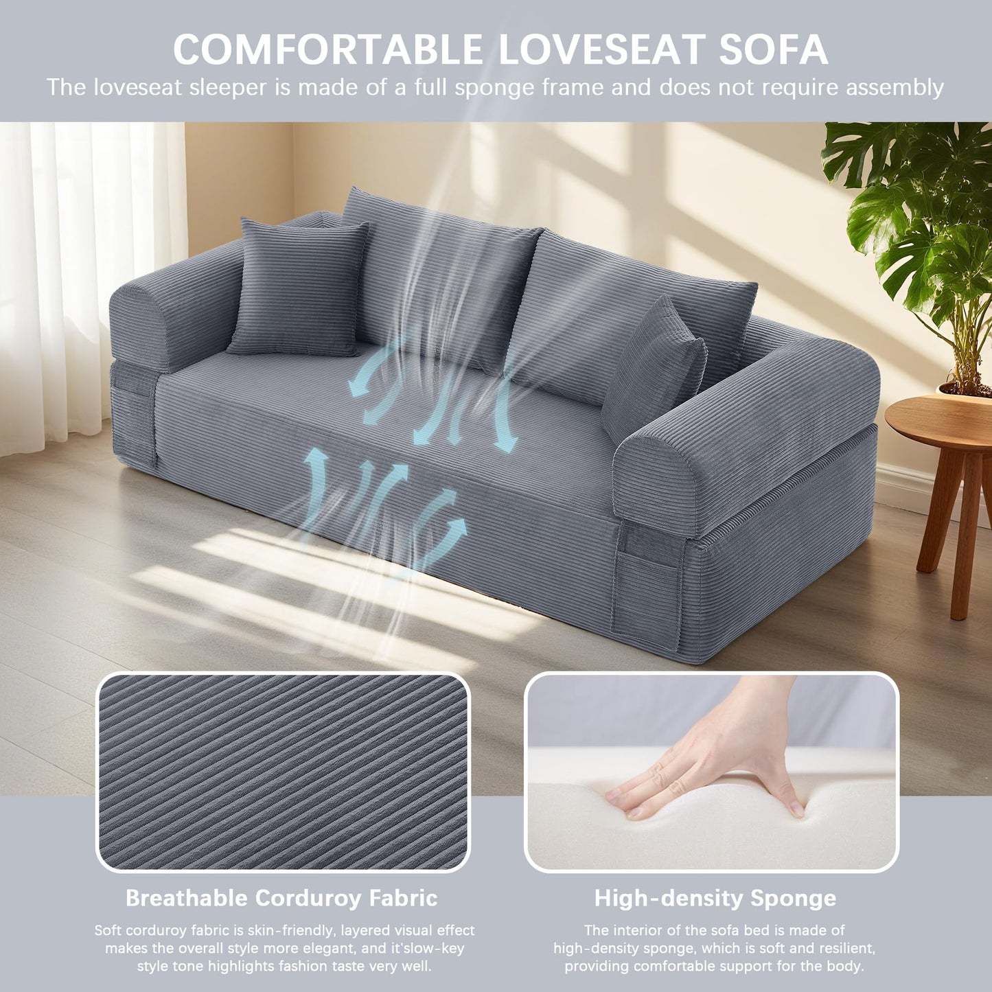 83" Modern Sofa in a Box, No Assembly Oversized 3 Seater 28" Deep Seat Cloud Sofa Bed Couch with 4 Furry Pillows & Corduroy Fabric, Boneless Couch with Side Storage Pockets for Living Room, Dark Grey
