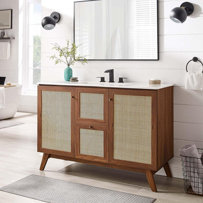 Modway Soma Rattan Weave Bathroom Vanity Cabinet Basin Not Included, 48” Single or Double Sink Compatible, Walnut